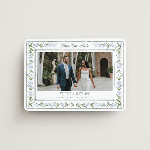 This is a wisteria save the date magnets with standard by Jenna Holcomb called vintage sketched printing on magnet paper in magnet