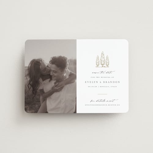 This is a champagne save the date magnets with standard by Sarah Brown called arborvitae printing on magnet paper in magnet