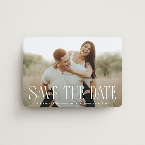 This is a cloud save the date magnets with standard by JoAnn Jinks called headlined printing on magnet paper in magnet