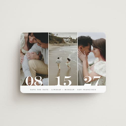 This is a noir save the date magnets with standard by Kimberly FitzSimons called trio printing on magnet paper in magnet