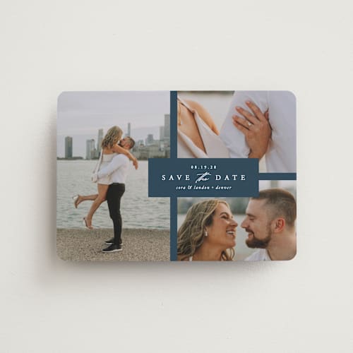 This is a navy save the date magnets with standard by Brianne Larsen called classic date printing on magnet paper in magnet