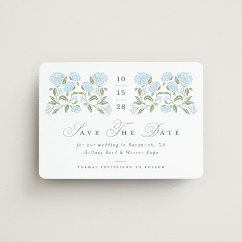 This is a nantucket save the date magnets with standard by Susan Zinader called hydrangea hedge printing on magnet paper in magnet