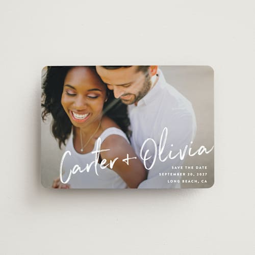This is a pearl save the date magnets with standard by Owl and Toad called signature printing on magnet paper in magnet