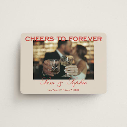 This is a tomato save the date magnets with standard by Sydney Kay called bold cheers printing on magnet paper in magnet