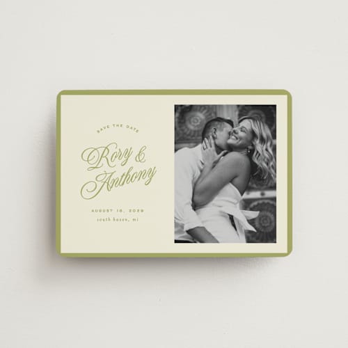 This is a olive save the date magnets with standard by Ellen Schlegelmilch called rory printing on magnet paper in magnet
