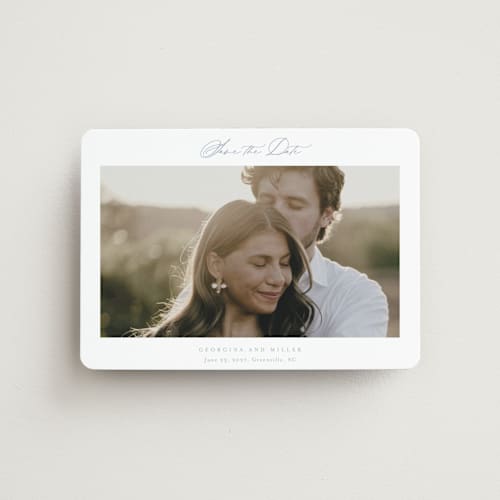 This is a dusty blue save the date magnets with standard by Stacey Meacham called modern air printing on magnet paper in magnet