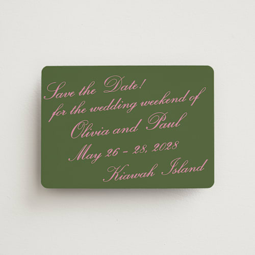 This is a moss save the date magnets with standard by Megan Davis called kiawah printing on magnet paper in magnet