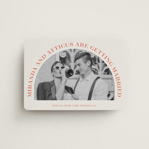 This is a persimmon save the date magnets with standard by Sarah Cohn called surrounding printing on magnet paper in magnet