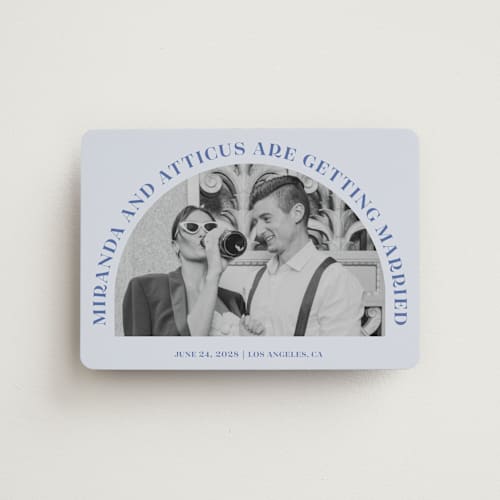 This is a blueberry save the date magnets with standard by Sarah Cohn called surrounding printing on magnet paper in magnet