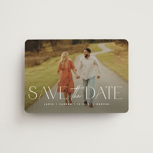 This is a pearl save the date magnets with standard by Jessica Corliss called simple elegance printing on magnet paper in magnet