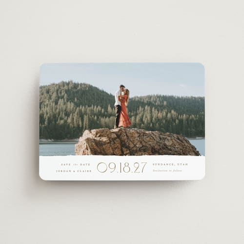This is a cotton save the date magnets with standard by Robert and Stella called lawrence printing on magnet paper in magnet