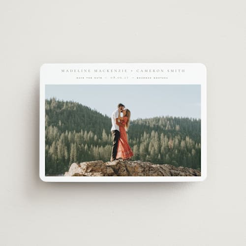 This is a eucalyptus save the date magnets with standard by Wildfield Paper Co called lake printing on magnet paper in magnet
