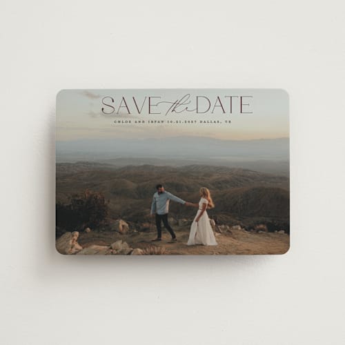 This is a cabernet save the date magnets with standard by Maja Cunningham called prose printing on magnet paper in magnet