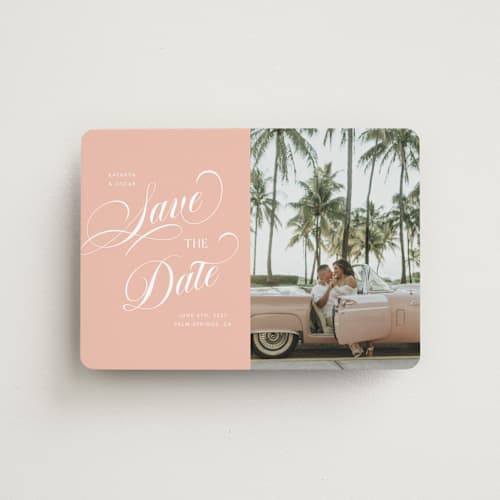 This is a peach save the date magnets with standard by Morgan Kendall called palm springs printing on magnet paper in magnet