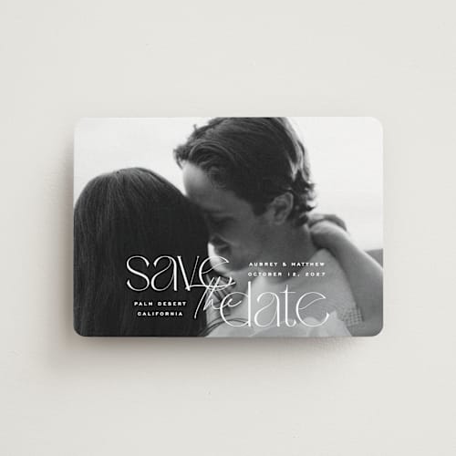 This is a moonstone save the date magnets with standard by Owl and Toad called type layers printing on magnet paper in magnet