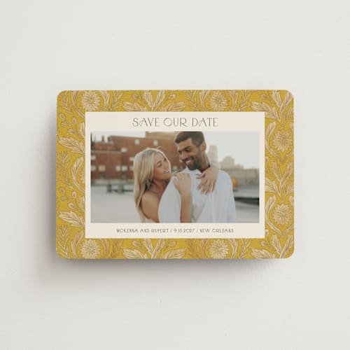 This is a marigold save the date magnets with standard by Jen Owens called morris printing on magnet paper in magnet