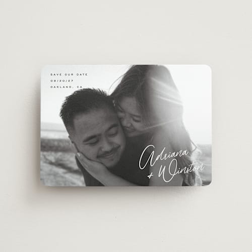 This is a cotton save the date magnets with standard by Hooray Creative called adriana printing on magnet paper in magnet