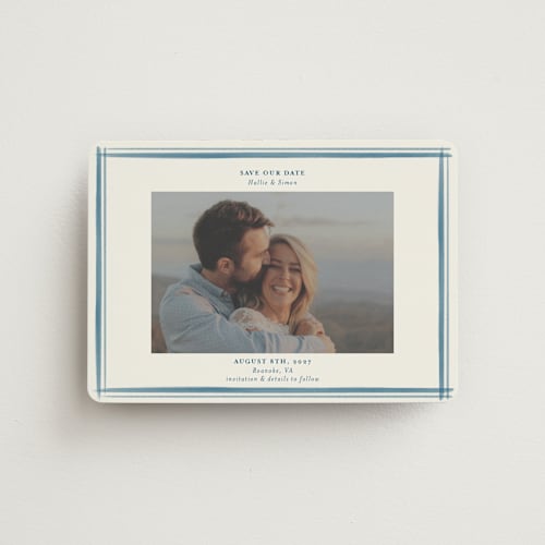 This is a indigo save the date magnets with standard by Hannah Bowman called gingham border printing on magnet paper in magnet