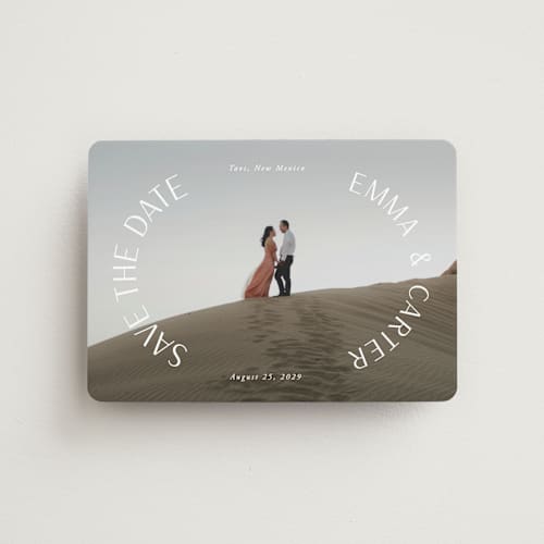 This is a pearl save the date magnets with standard by Susan Asbill called roundabout printing on magnet paper in magnet