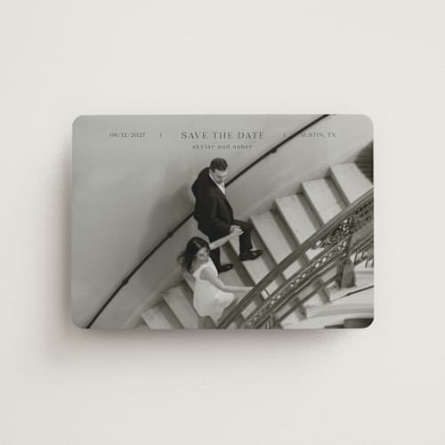 This is a noir save the date magnets with standard by Tamara Hilje called in line printing on magnet paper in magnet