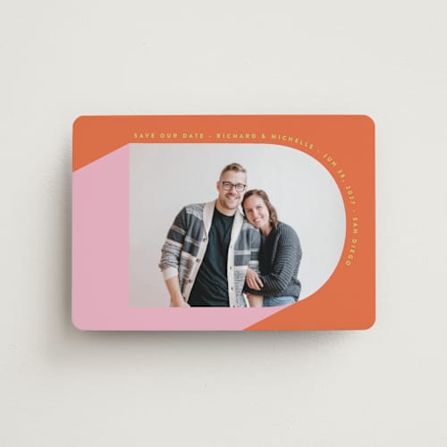 This is a tangerine save the date magnets with standard by Katie Zimpel called pop art printing on magnet paper in magnet