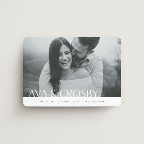 This is a obsidian save the date magnets with standard by Jennifer Postorino called bold names printing on magnet paper in magnet