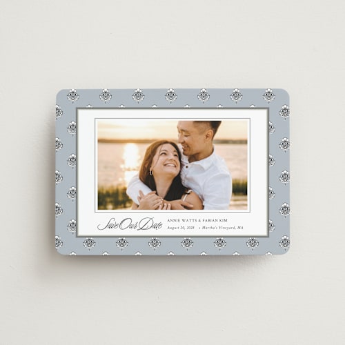 This is a classic save the date magnets with standard by Cindy Reynolds called sophisticated charm printing on magnet paper in magnet