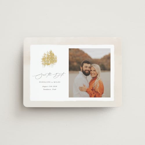 This is a natural save the date magnets with standard by Robert and Stella called aspen printing on magnet paper in magnet