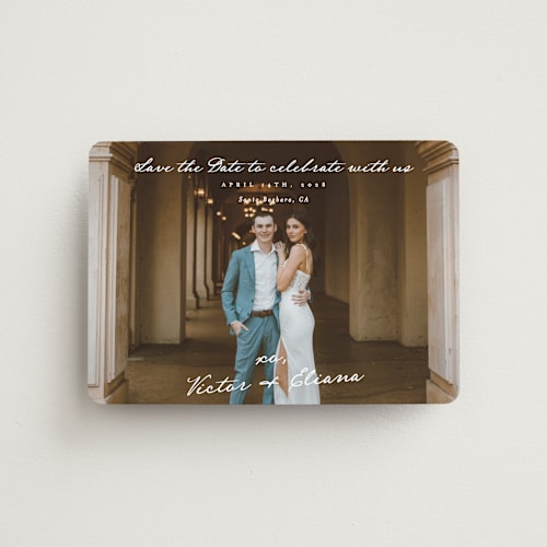 This is a ivory save the date magnets with standard by Alethea and Ruth called celebration xo printing on magnet paper in magnet