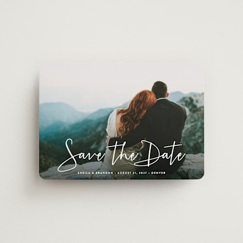 This is a cloud save the date magnets with standard by Hooray Creative called stylish script printing on magnet paper in magnet