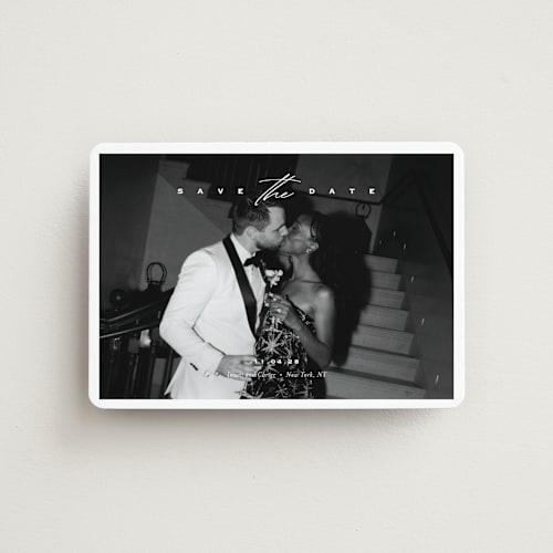 This is a diamond save the date magnets with standard by Eric Clegg called casual elegance printing on magnet paper in magnet
