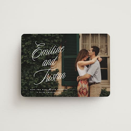 This is a cotton save the date magnets with standard by Susan Zinader called sentimental script printing on magnet paper in magnet