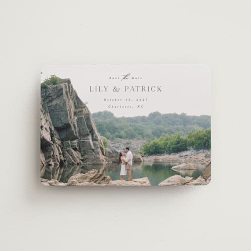 This is a charcoal save the date magnets with standard by Brandy Folse called a day to remember printing on magnet paper in magnet
