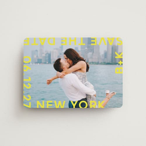 This is a sunflower save the date magnets with standard by Lori Wemple called type printing on magnet paper in magnet