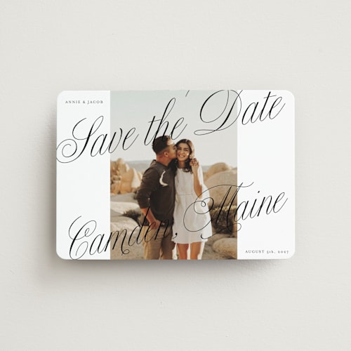 This is a snow save the date magnets with standard by Katharine Watson called bold script frame printing on magnet paper in magnet