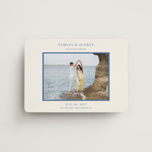 This is a beach blue save the date magnets with standard by Ani Somi called bermuda printing on magnet paper in magnet