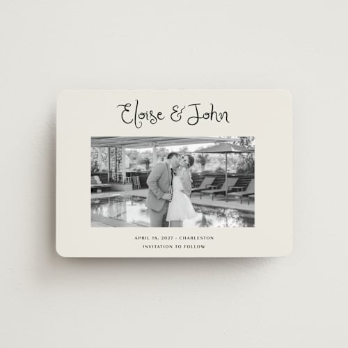 This is a tuxedo save the date magnets with standard by Megan Davis called camellia printing on magnet paper in magnet