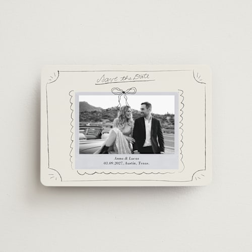 This is a cream save the date magnets with standard by Helena Vitto called easy lover printing on magnet paper in magnet