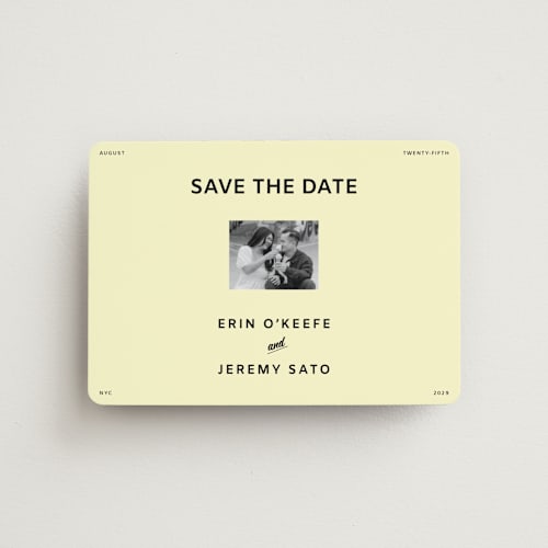 This is a butter save the date magnets with standard by Studio Suku called courthouse printing on magnet paper in magnet