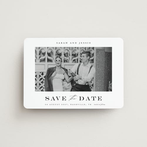 This is a midnight save the date magnets with standard by Stacey Meacham called classic charm printing on magnet paper in magnet