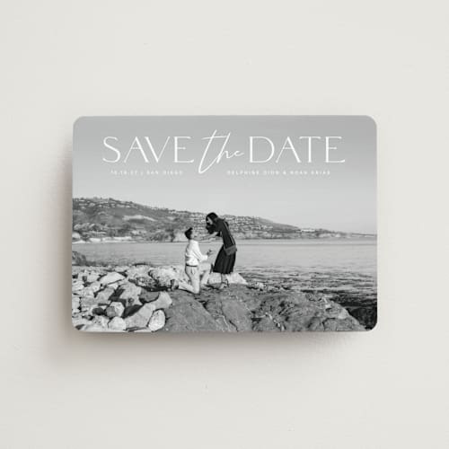 This is a moonstone save the date magnets with standard by Olivia Raufman called breathtaking printing on magnet paper in magnet
