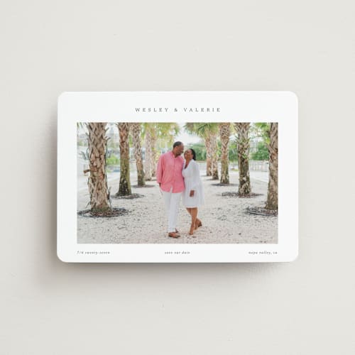This is a charcoal save the date magnets with standard by Blustery August called simplicity printing on magnet paper in magnet