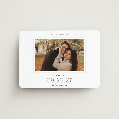 This is a olive save the date magnets with standard by Sara Hicks Malone called brampton printing on magnet paper in magnet