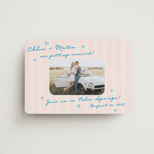This is a pink grapefruit save the date magnets with standard by Jackie Crawford called the right stripes printing on magnet paper in magnet