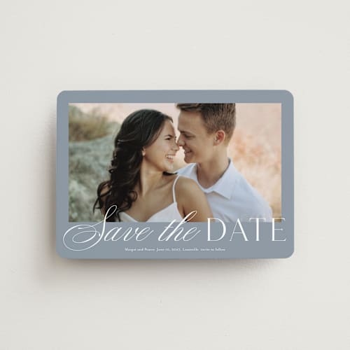 This is a french blue save the date magnets with standard by Stacey Meacham called classic manor printing on magnet paper in magnet