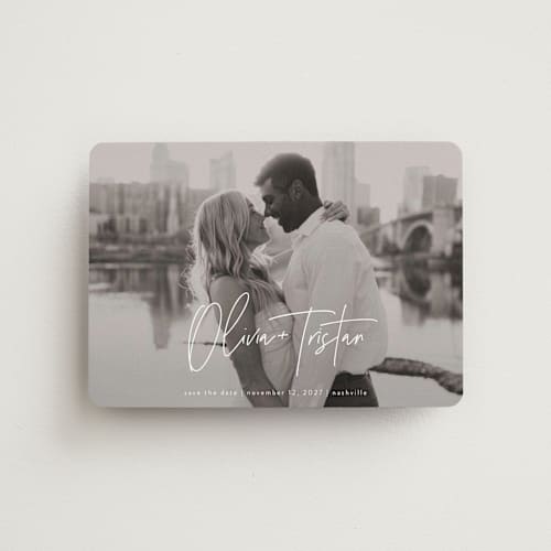 This is a pearl save the date magnets with standard by Jessica Williams called signature pair printing on magnet paper in magnet