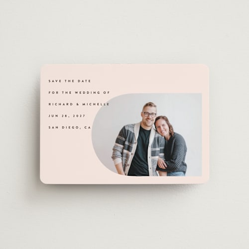 This is a blush save the date magnets with standard by Katie Zimpel called minimalist pop printing on magnet paper in magnet