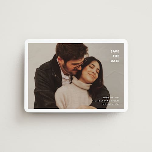 This is a cotton save the date magnets with standard by Stacey Meacham called minimalist border printing on magnet paper in magnet