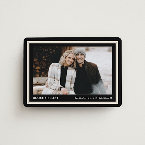 This is a tuxedo save the date magnets with standard by Carolyn MacLaren called preppy frame printing on magnet paper in magnet