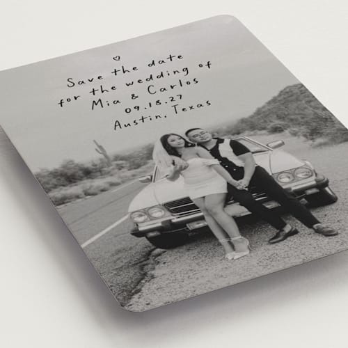This is a noir save the date magnets with standard by Olivia Raufman called noted printing on magnet paper in magnet